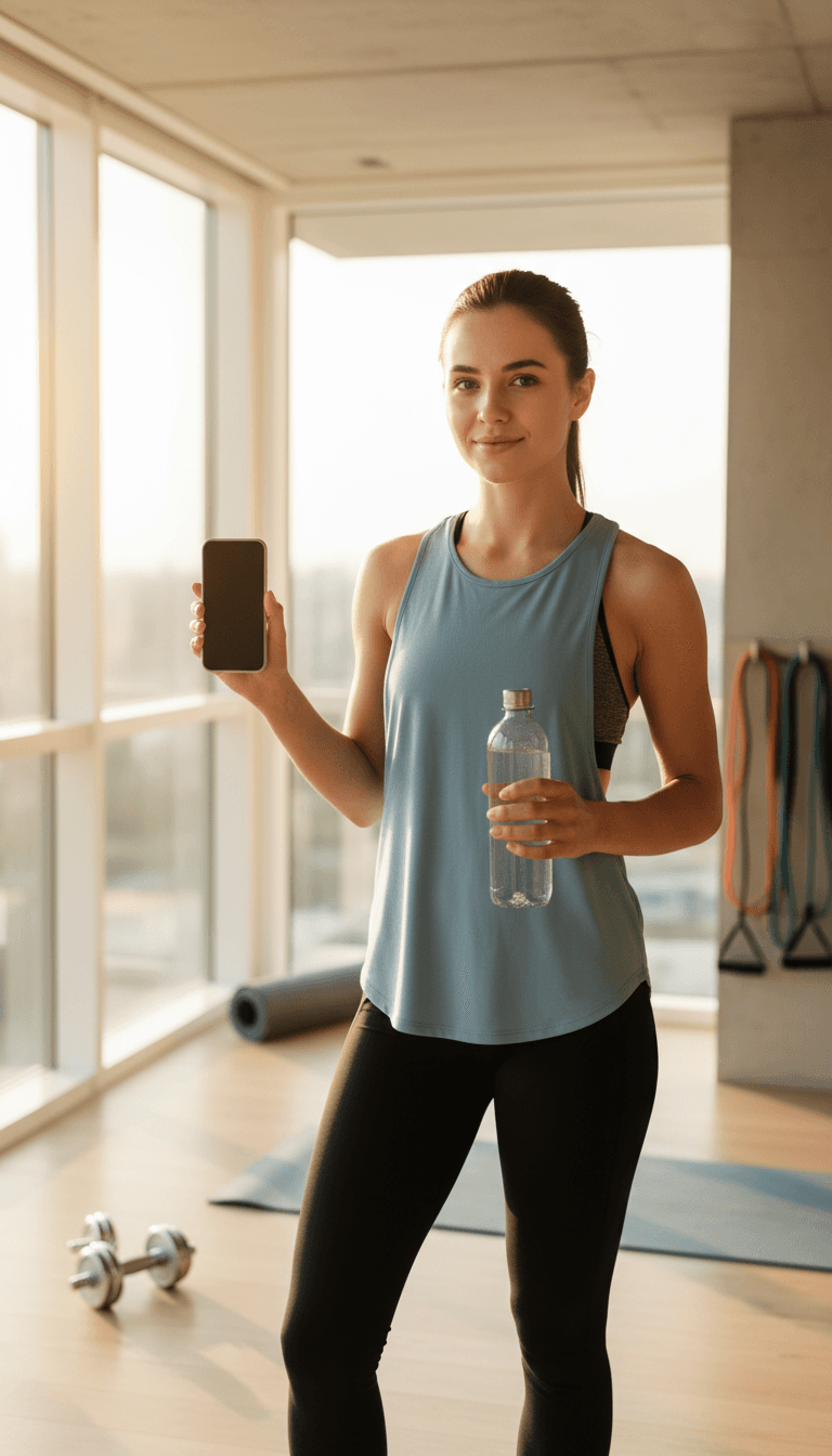 Person reviewing fitness progress on mobile phone in modern gym setting