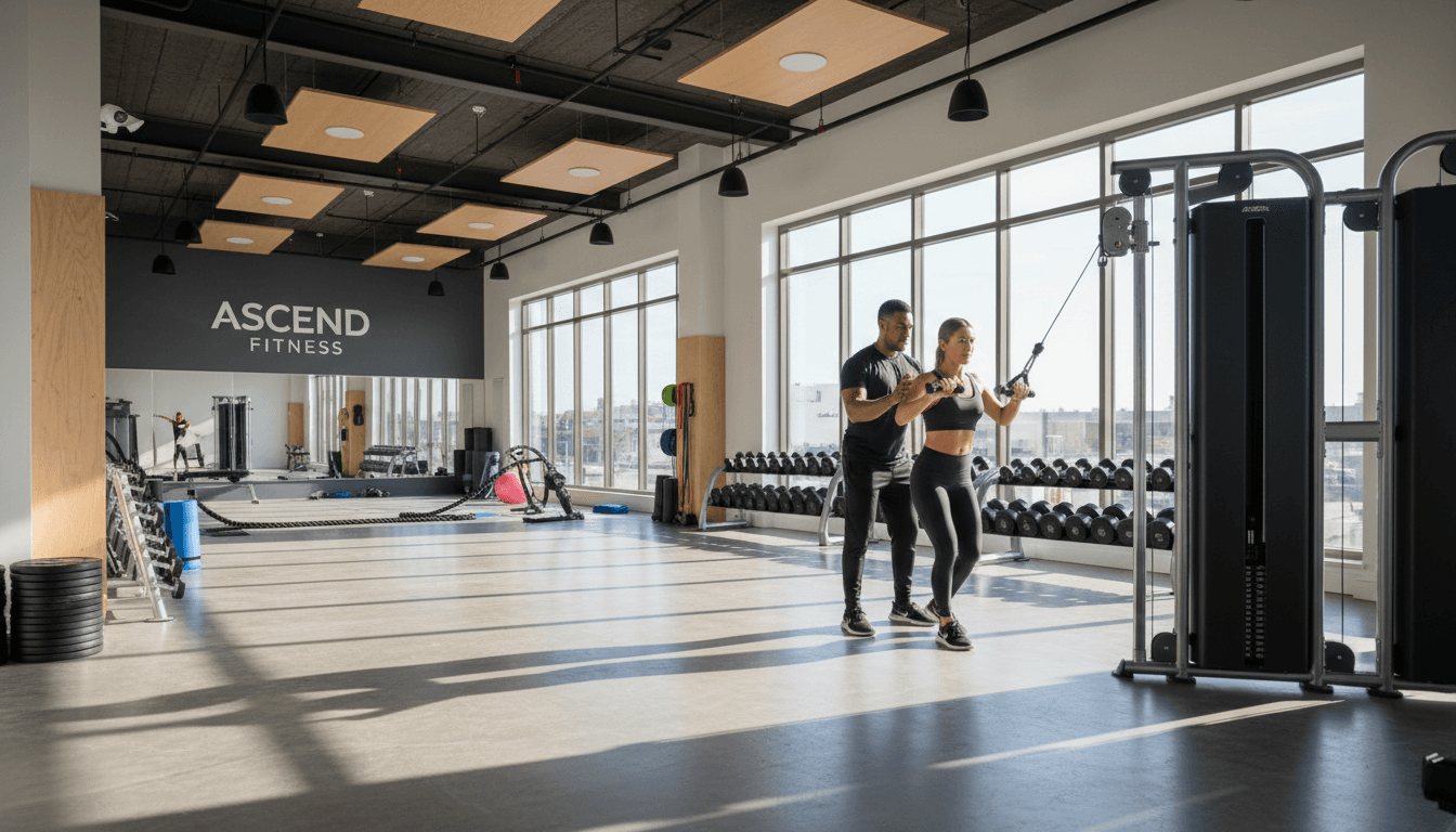 Professional fitness environment with modern equipment and focused athlete
