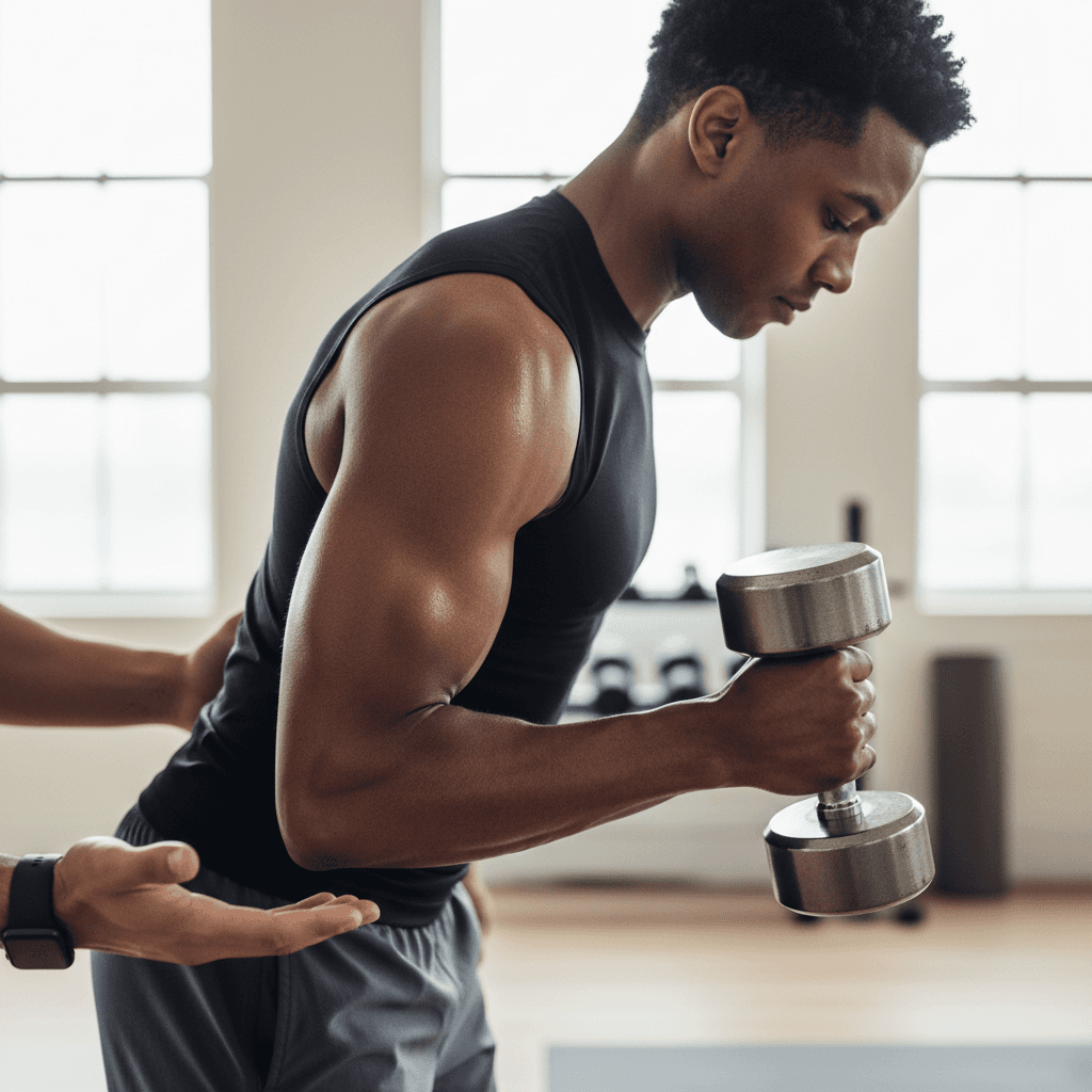 Female client displaying strength training results and muscular development