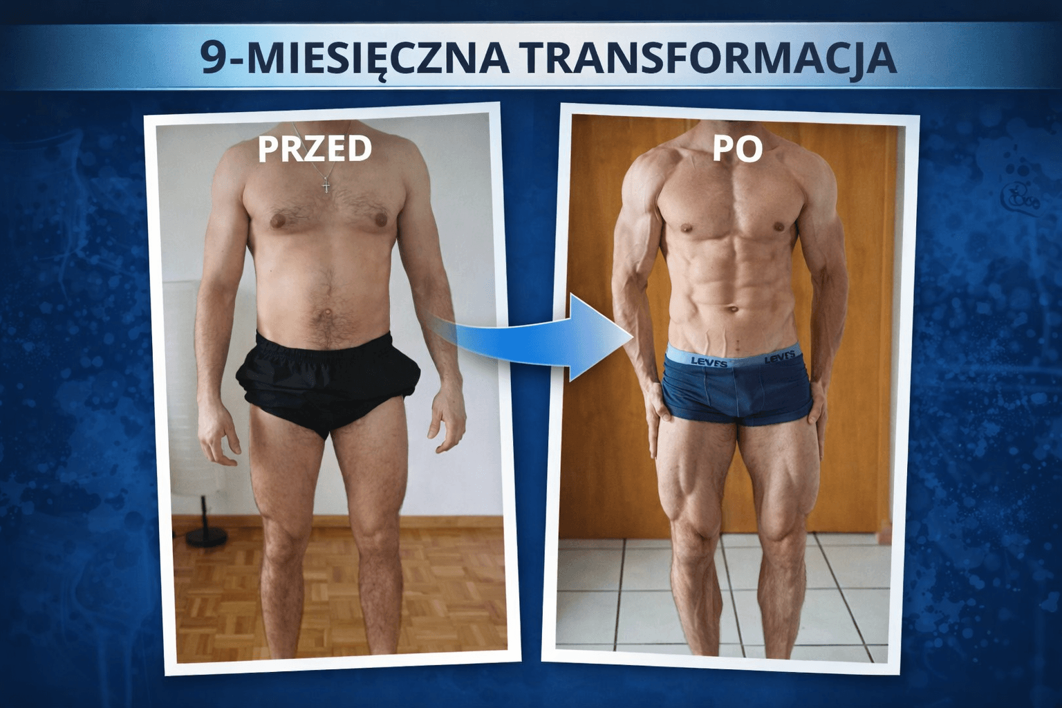 Before and after photos of a man's nine-month transformation from average to highly muscular.