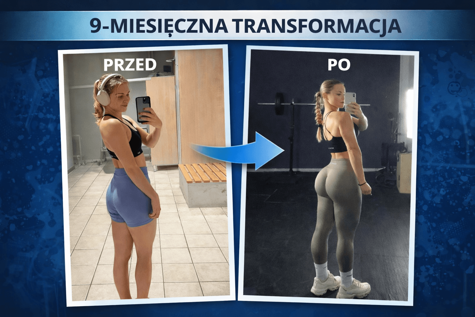 A woman's nine-month fitness transformation showing significant muscle growth in her lower body.