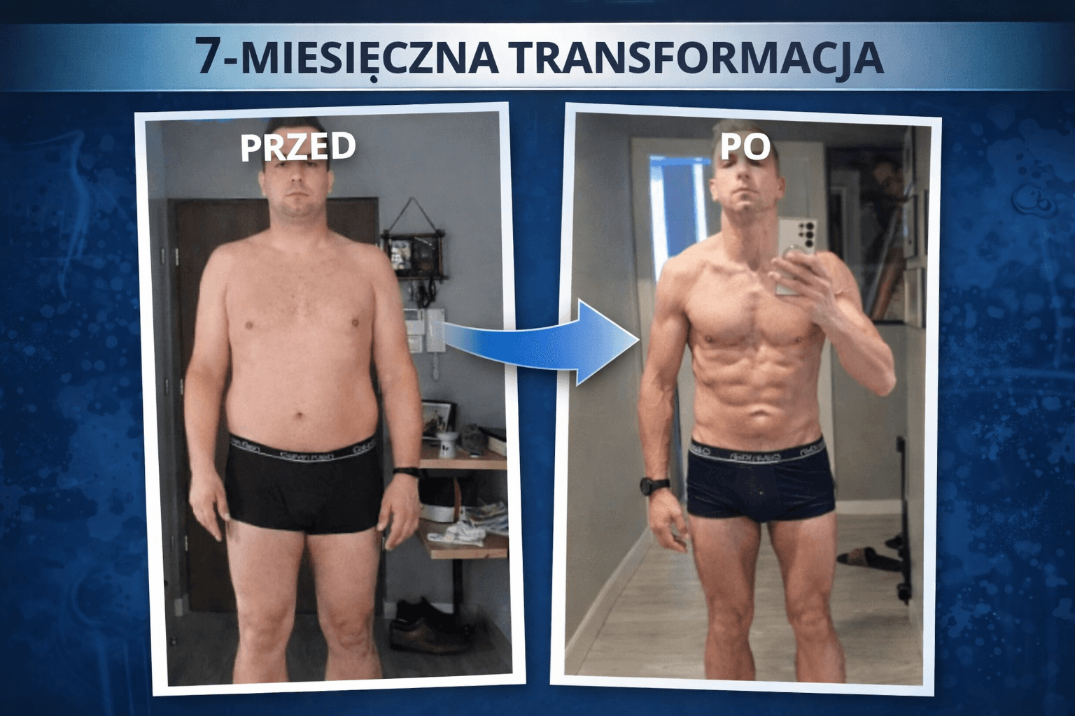 Side-by-side comparison of a man's seven-month transformation from overweight to a lean, muscular physique.