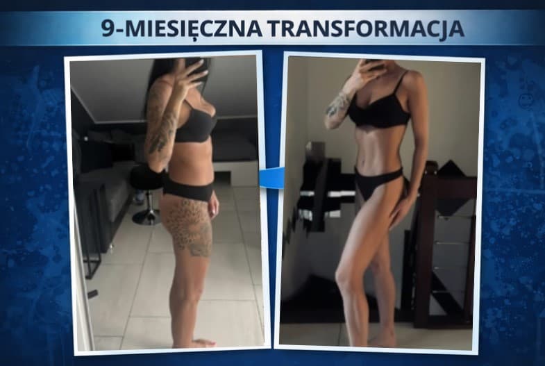 Side-by-side photos of a woman's nine-month fitness transformation into a more toned physique.